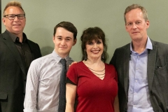 Post-concert at Regent Theatre:  Jim Welter, Yamaha Canada Music Ltd.; John Nicholson, Officer Euterpe Corporation; Catherine Wilson, pianist/artistic director Ensemble Vivant, founder Euterpe Corporation; Fredrik Alatalo, Chief Administrative Officer, telMAX.  Photo by Marion Voysey